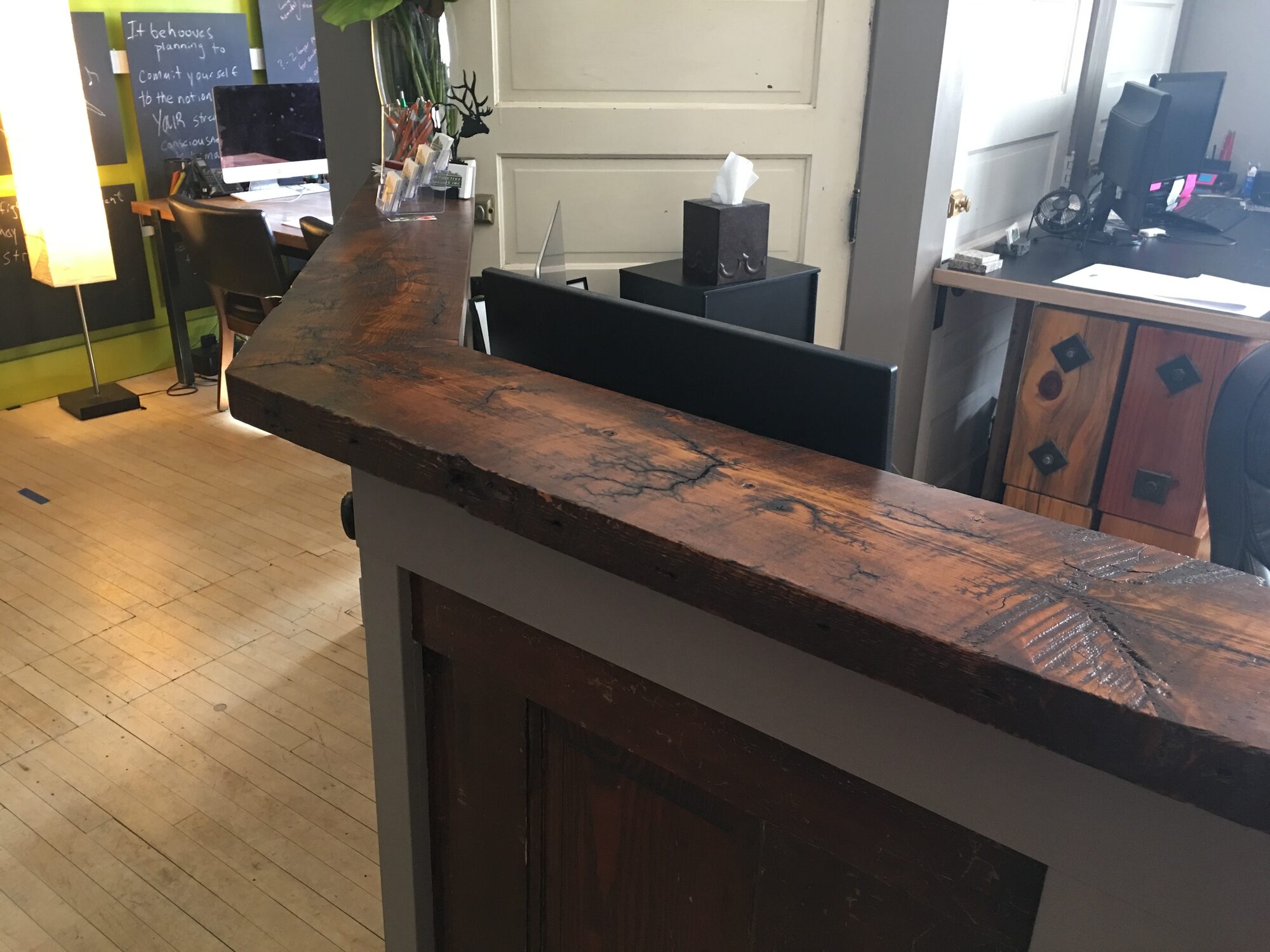 A countertop made from a reclaimed 130-year-old floor joist